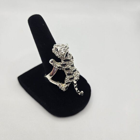 Silver-Plated Tiger Panther Jaguar Statement Ring Rhinestone Encrusted Size 7 - Picture 1 of 5